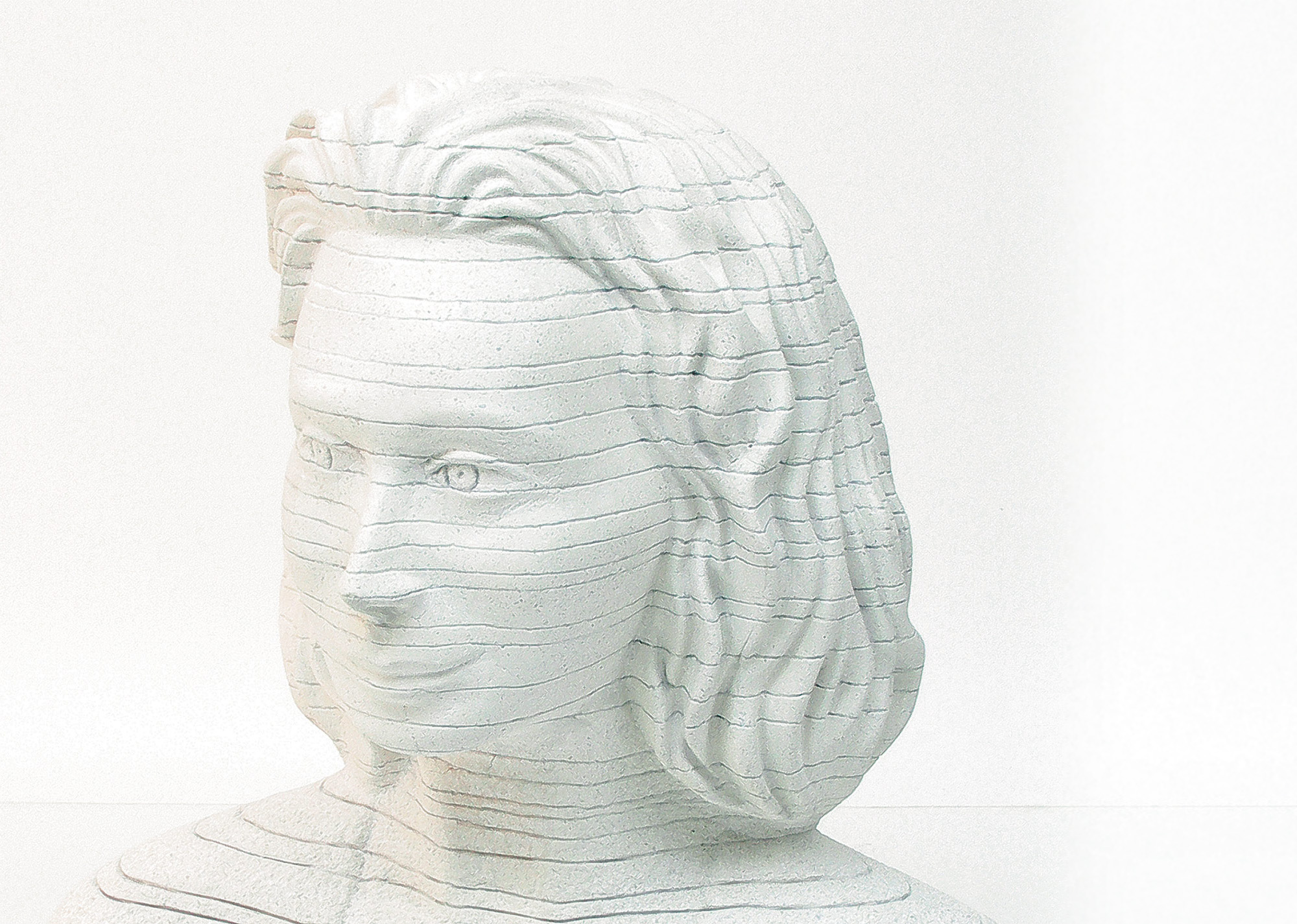 Erhard Mika, Hürth-Efferen, Skulpturen, Ereignisschichten, 2018, Portrait M. G., Steinguss graviert, H 51 cm